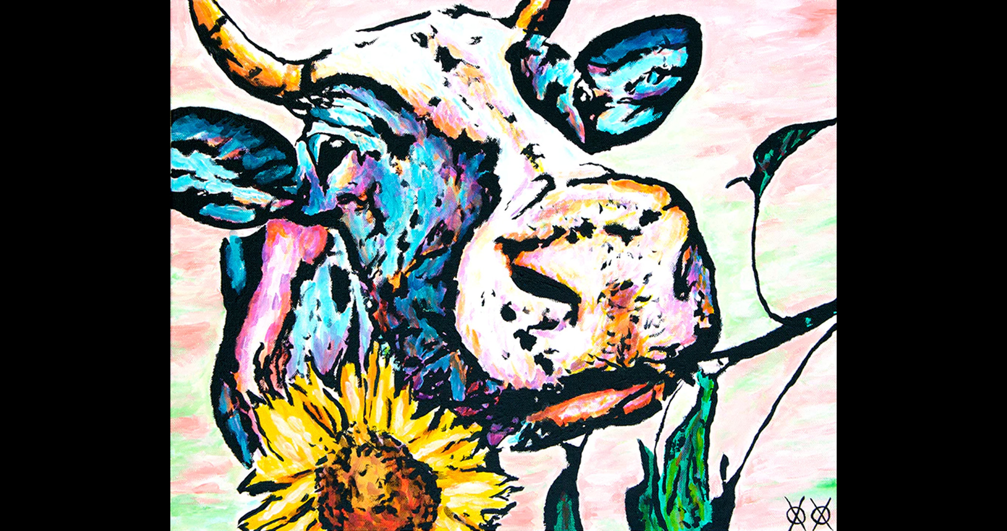 Painting of a black-and-white-cow holding a yellow sunflower in its mouth
