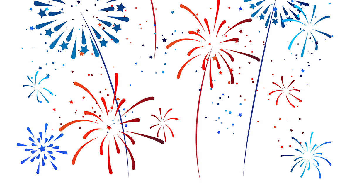 white background with red and blue fireworks graphics