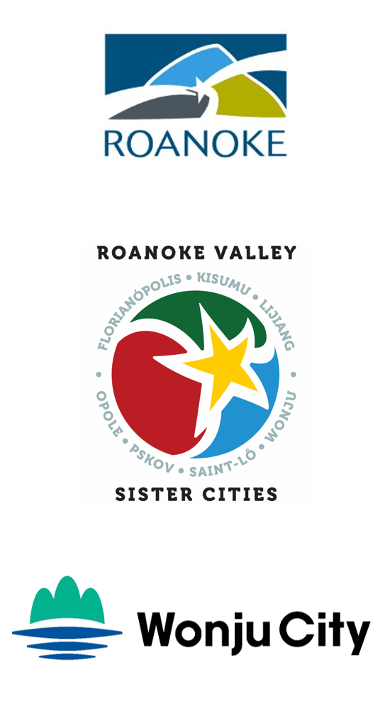 City of Roanoke logo, Roanoke Valley Sister Cities logo, and Wonju City logo