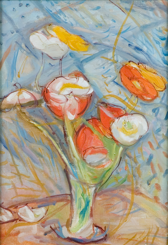 Slightly abstract painting of red and white tulips in glass vase