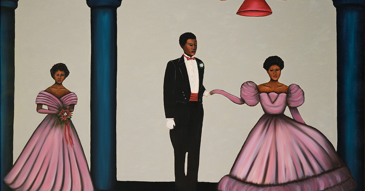 A painting featuring a cotillion with two women in pink dresses with a man in a tuxedo between them