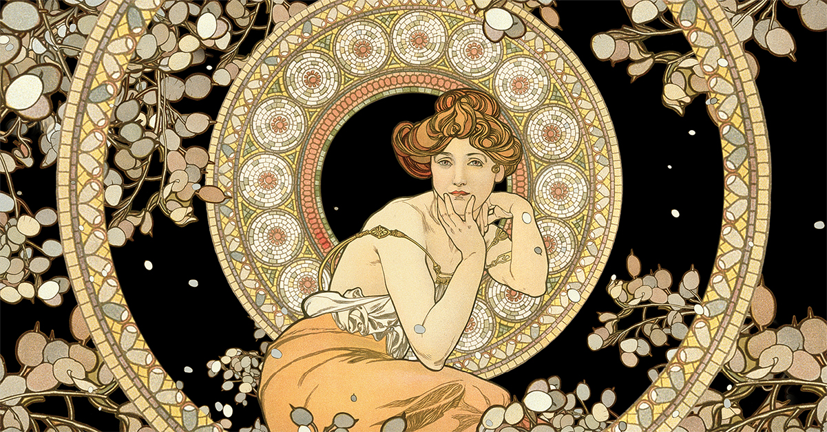 A print of a woman kneeling and holding her hand on her chin with her elbow on her knee; a black background frames her with gold circles and flowers