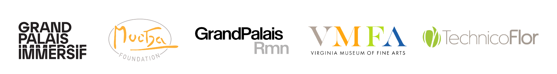 A row of logos for Grand Palais Immersif, Mucha Foundation, Grand Palais RMN, Virginia Museum of Fine Arts, and TechnicoFlor