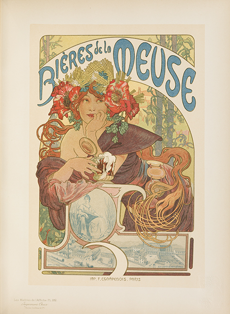 A poster featuring a woman in a flower crown holding a beer stein with the words "Bieres de la meuse" above her head