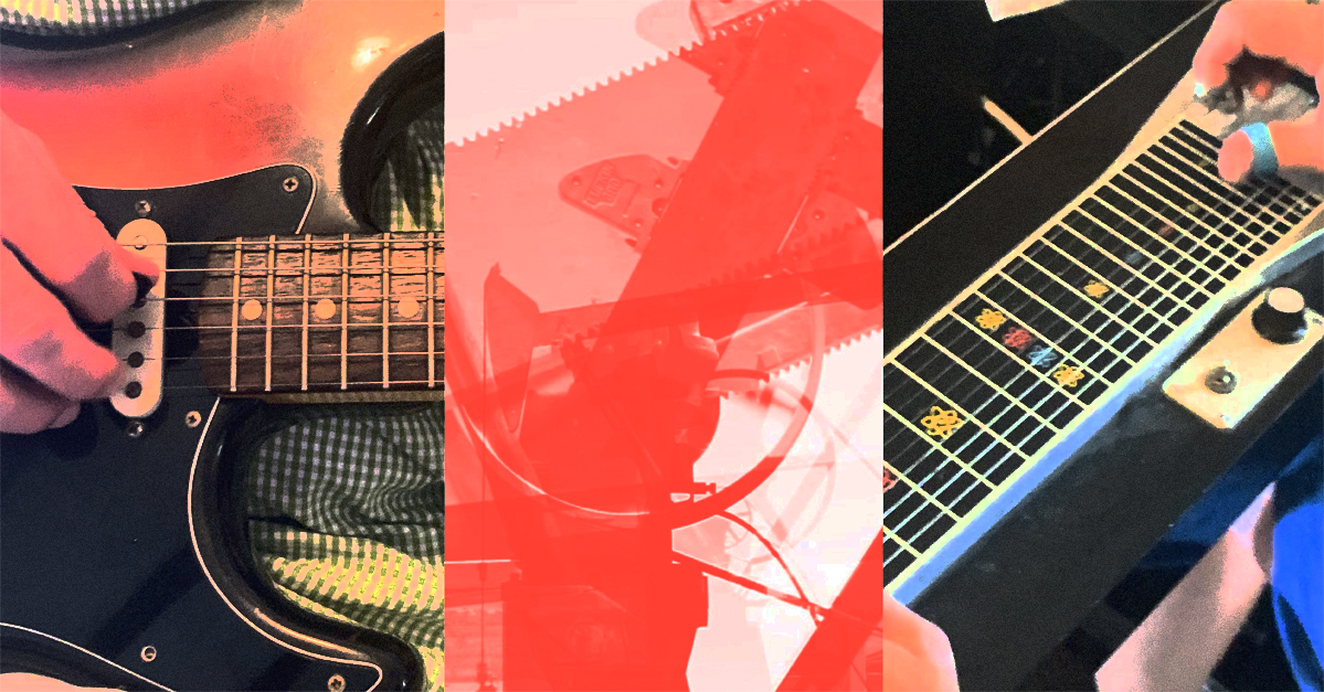 A graphic featuring a detail of a person playing a guitar next to a detail shot of a microphone next to a detail shot of a person playing a steel lap guitar
