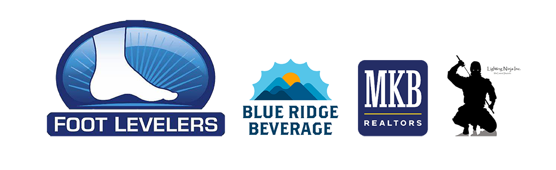 Four sponsor logos featuring Foot Levelers, Blue Ridge Beverage, MKB Realtors, and Lighting Ninja