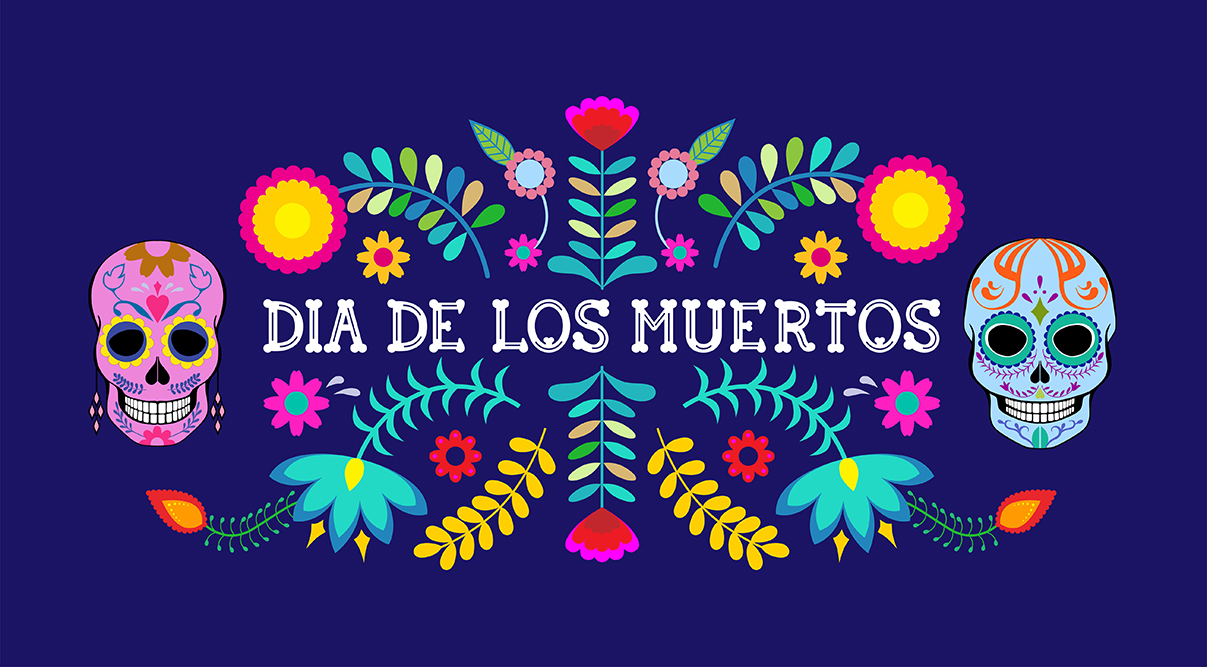 A graphic with brightly colored cartoon skeletons with Dia de los Muertos written between them