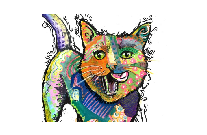 A stylistic drawing of a multicolor cat. The cat has it's mouth open and is licking its lips.