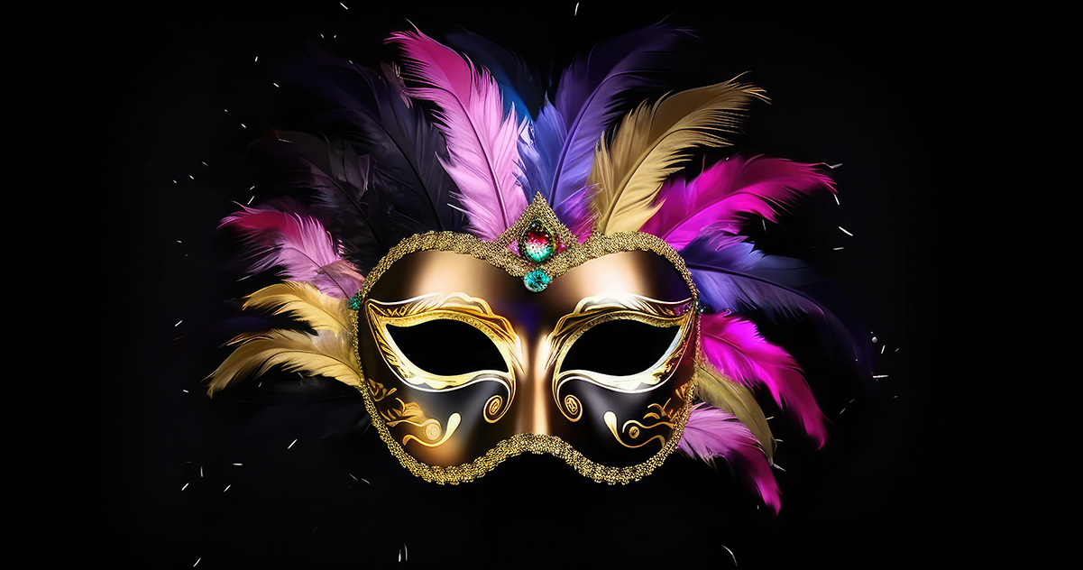 Gold Mardi Gras face mask with pink and purple feathers on a black background