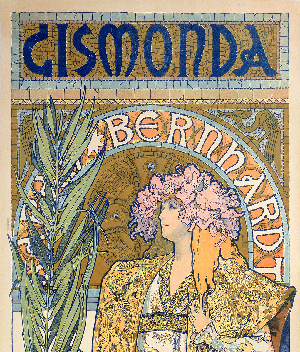 A portion of the Gismonda poster depicting actress Sarah Bernhardt by artist Alphonse Mucha